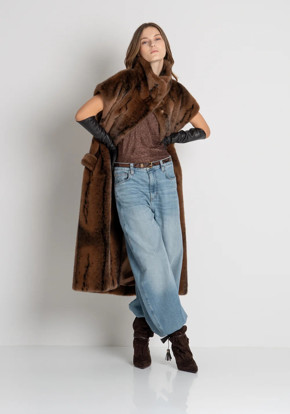 GILET DONNA ECOPELLICCIA LUNGA CON CINTURA MARRONE FRACOMINA FR26WC4009O44501-M57 MARRONE FRACOMINA