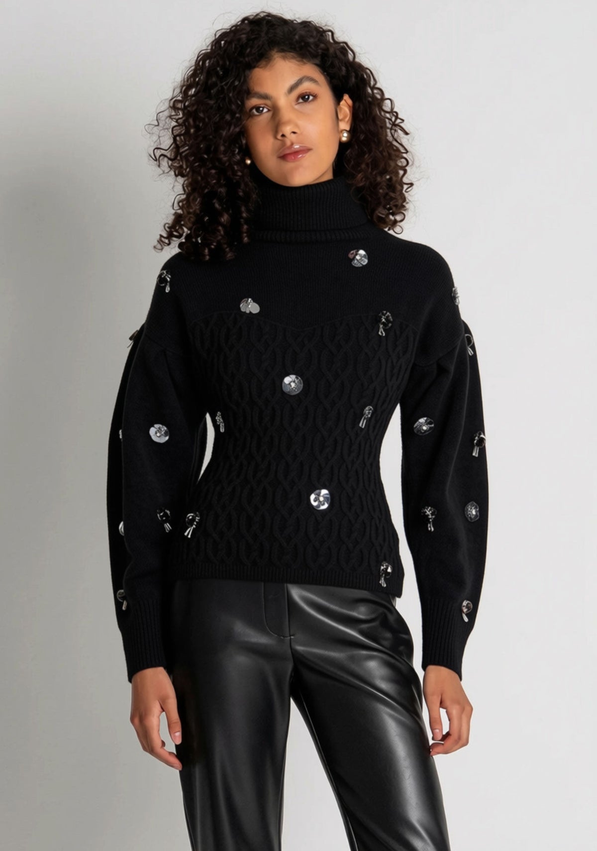 maglia donna collo alto con applicazioni nero Fracomina FR26WT7050K463R0 NERO FRACOMINA