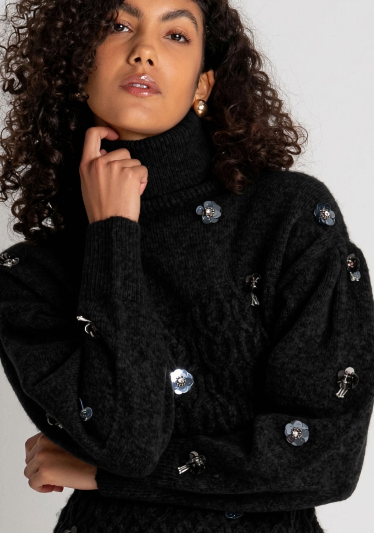 maglia donna collo alto con applicazioni nero Fracomina FR26WT7050K463R0 NERO FRACOMINA