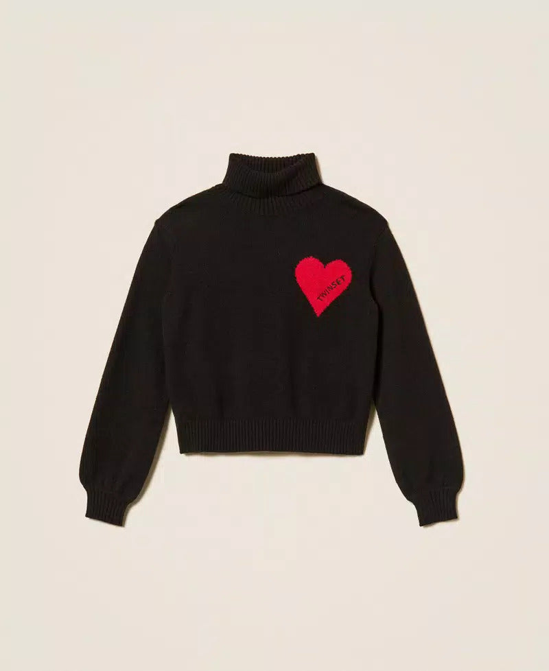 MAGLIA BAMBINA A LUPETTO CON CUORE E LOGO NERO TWINSET 262GJ3040 NERO TWINSET KIDS