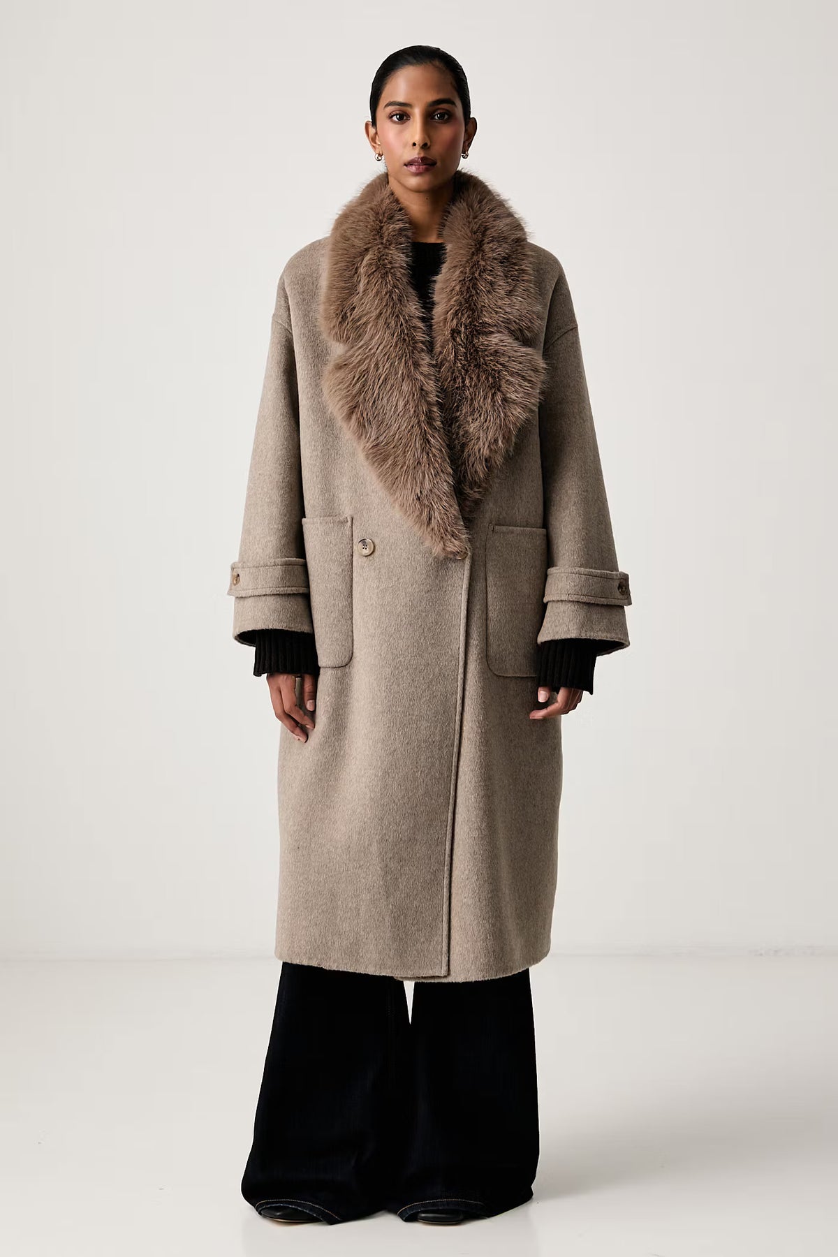 CAPPOTTO DONNA DOPPIOPETTO IN LANA CON COLLO IN ECOPELLICCIA FANGO VICOLO TAC0025 FANGO VICOLO
