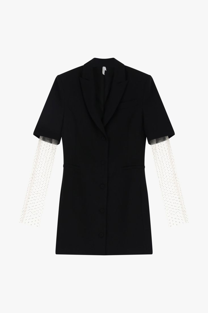 Vestito corto abbottonato con revers e guanti in tulle AFLAJAW NERO IMPERIAL