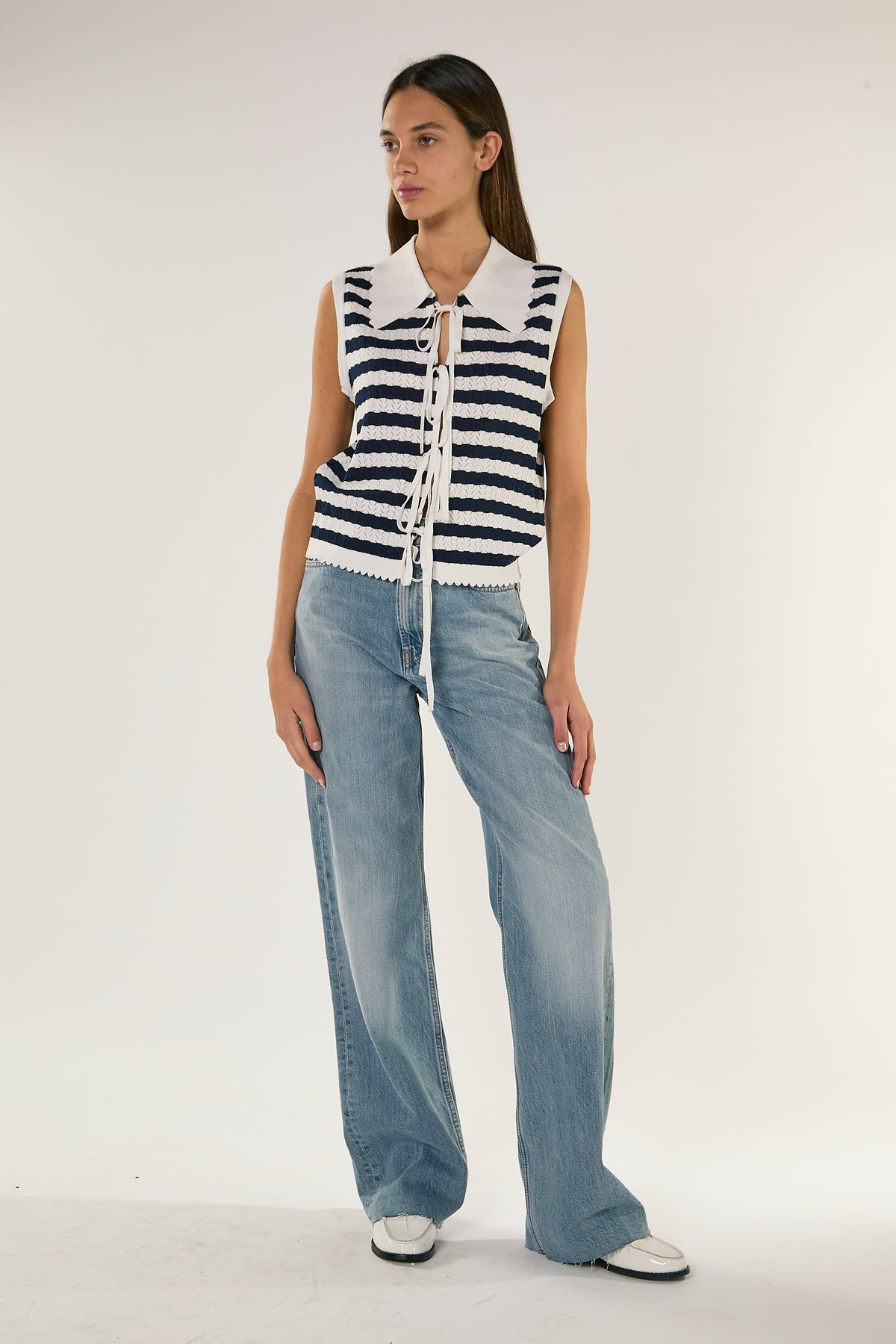 CANOTTA DONNA CON COLLETTO E STRINGHE BIANCO-BLU GLAMOROUS AN5586 NAVY/BIANCO GLAMOROUS