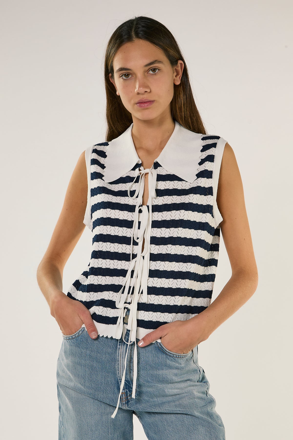 CANOTTA DONNA CON COLLETTO E STRINGHE BIANCO-BLU GLAMOROUS AN5586 NAVY/BIANCO GLAMOROUS
