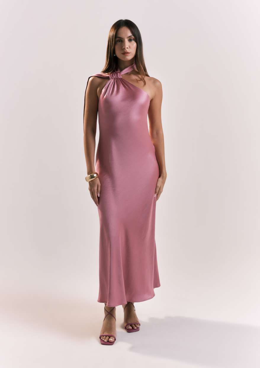 ABITO DONNA LUNGO MONOSPALLA SATIN PEONIA SHIKI SK26011 FUCSIA SHIKI