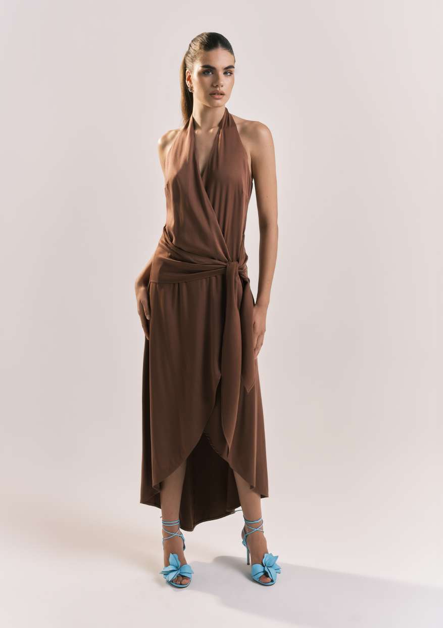 ABITO DONNA MIDI ASIMETTRICO CON NODO CIOCCOLATO SHIKI SK26077 CIOCCOLATO SHIKI