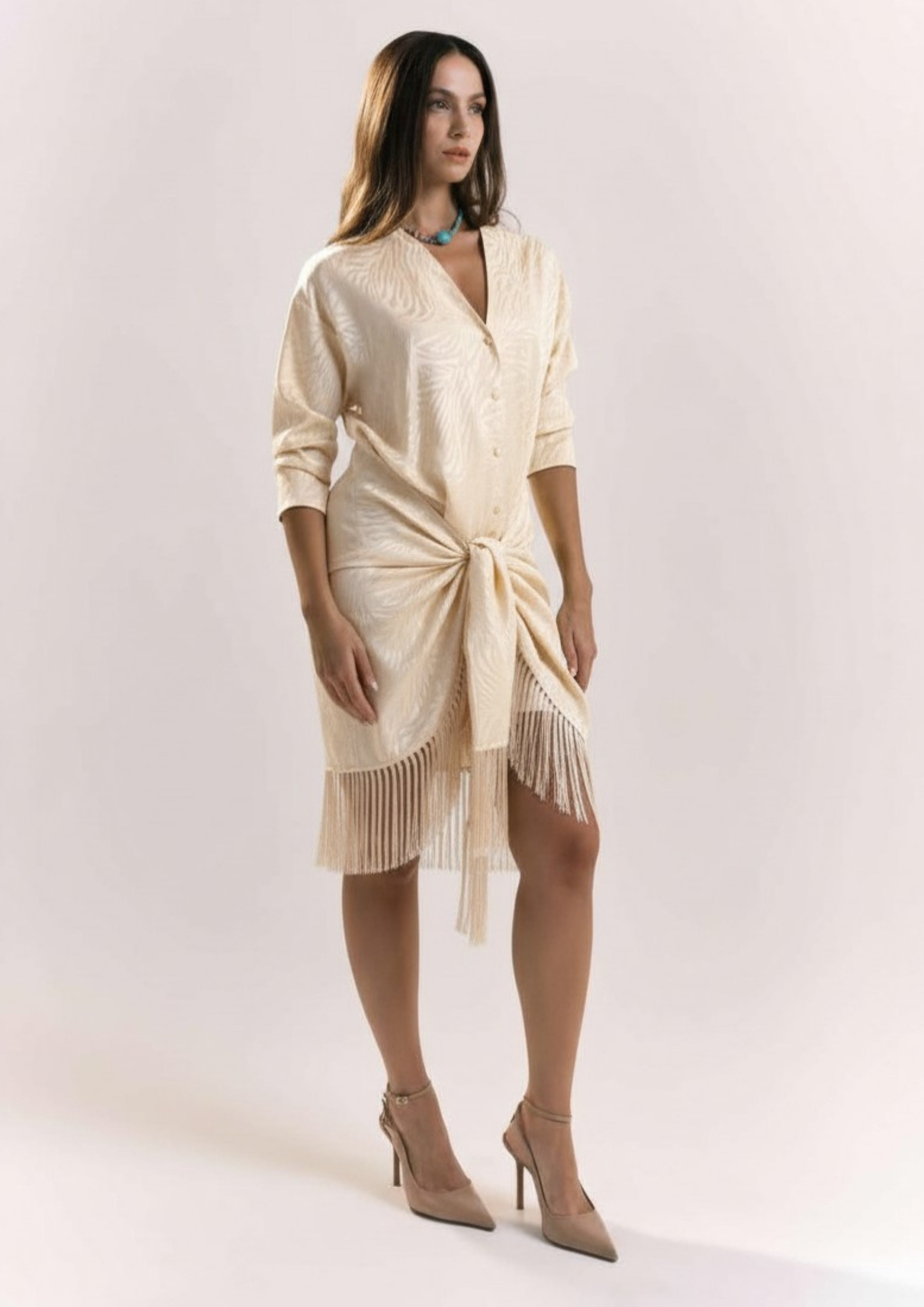 ABITO DONNA MIDI CON NODO E FRANGE PANNA SHIKI SK26089 PANNA SHIKI