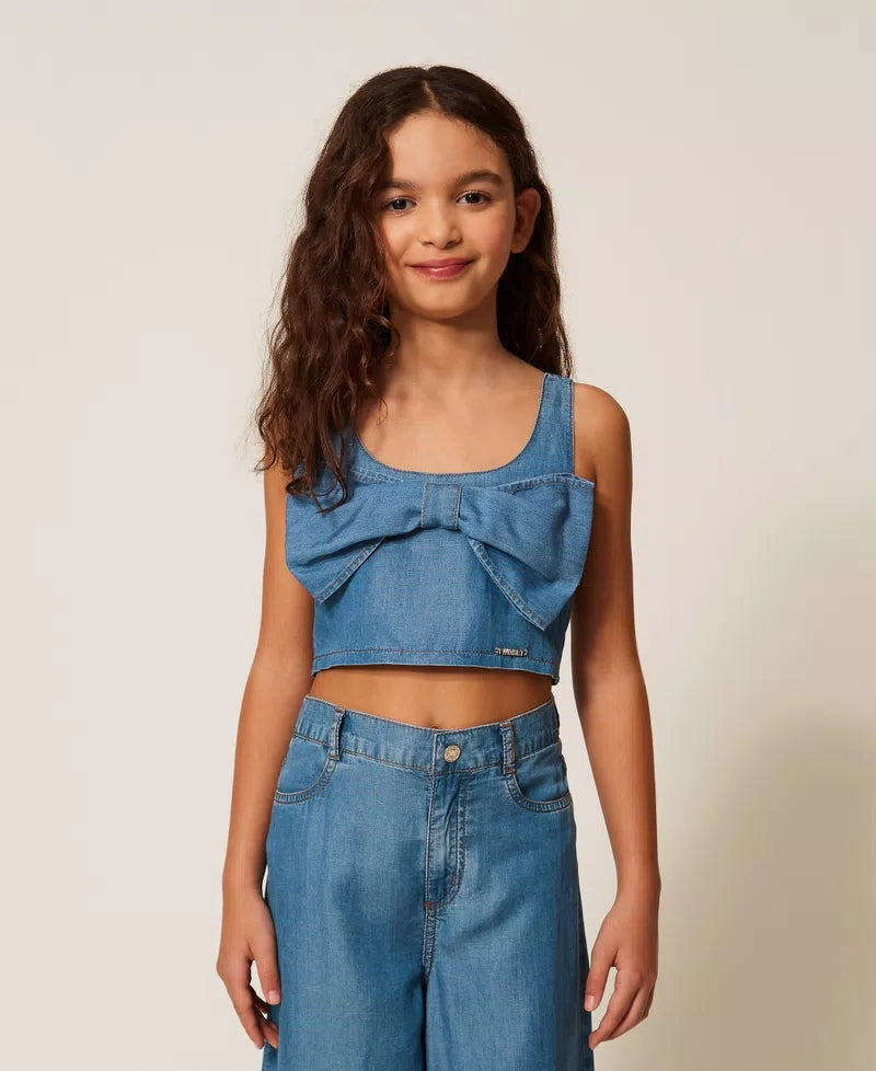 TOP BAMBINA CON FIOCCO CHAMBRAY TWINSET 261GJ2071 DENIM BLU TWINSET KIDS