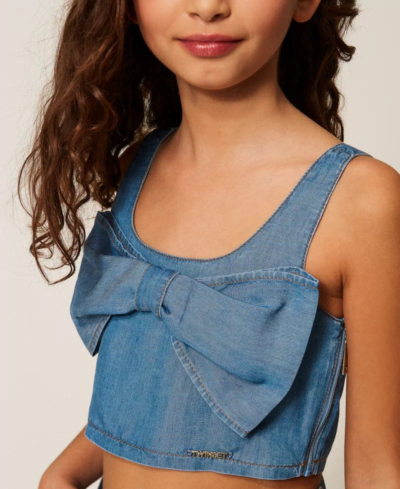 TOP BAMBINA CON FIOCCO CHAMBRAY TWINSET 261GJ2071 DENIM BLU TWINSET KIDS