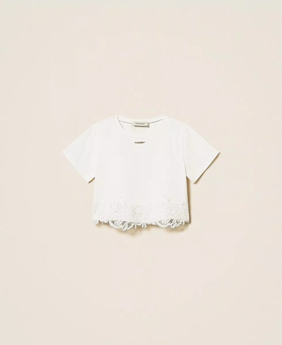 T-SHIRT BAMBINA CON PIZZO E LOGO BIANCO TWINSET 261GJ2090 BIANCO TWINSET KIDS