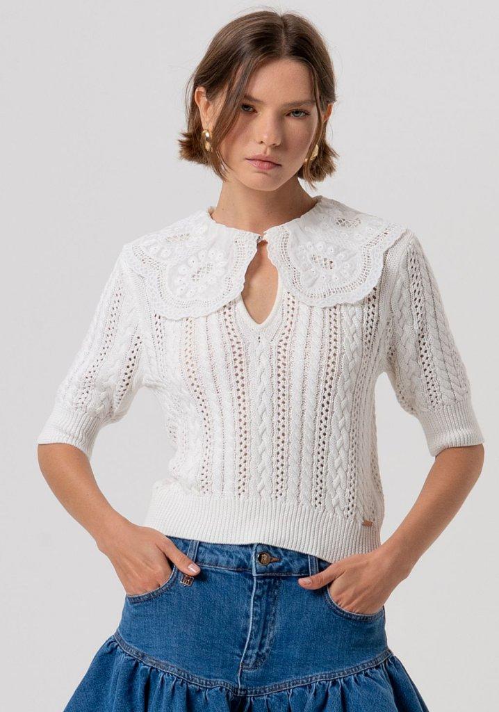 Maglia donna regular in cotone con punto treccia e trafori crema fracomina<BR/> FR26ST7015K48801 CREAM FRACOMINA