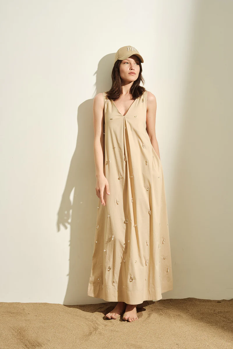 ABITO DONNA LUNGO CON APPLICAZONI IN COTONE CAMMELLO JIJIL AB071 CAMMELLO JIJIL