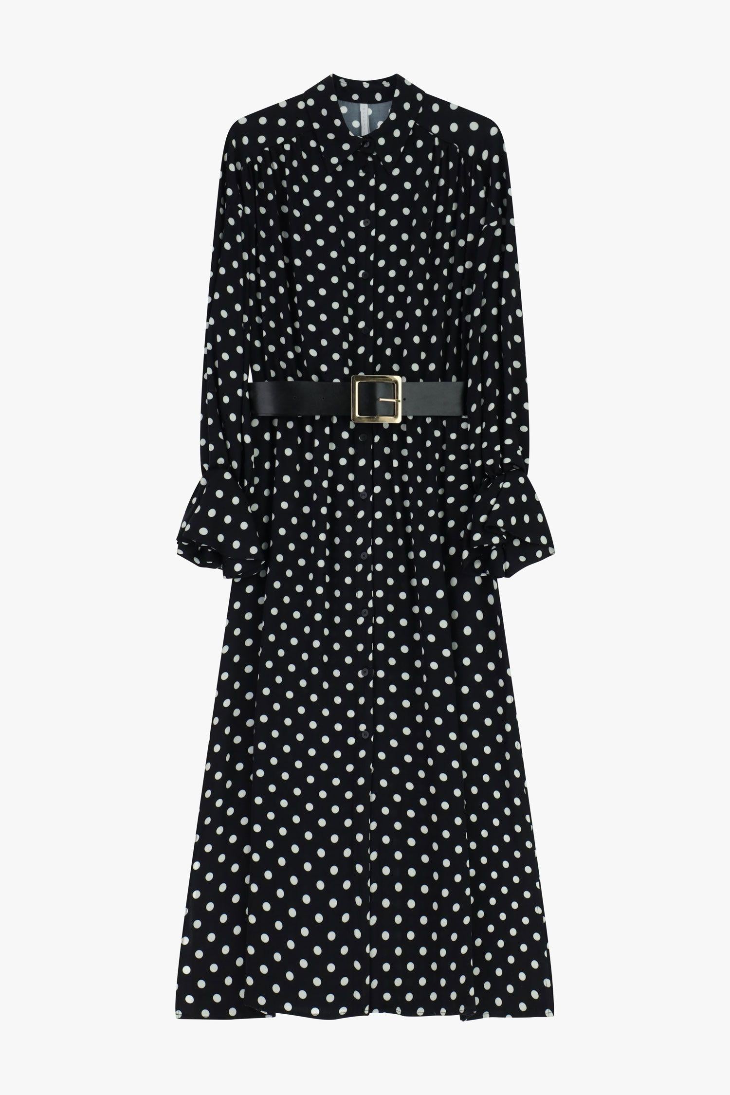 Abito donna midi a pois con cintura e maniche volant imperial AFTAKJE NERO/PANNA IMPERIAL