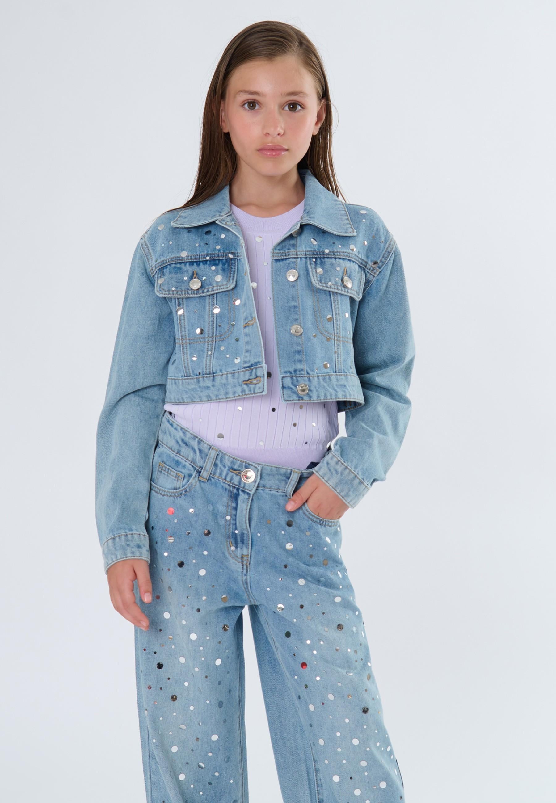 GIUBBINO BAMBINA IN JEANS CROPPED CON APPLICAZIONI LUMINOSE TO BE TOO T1374C JEANS TO BE TOO