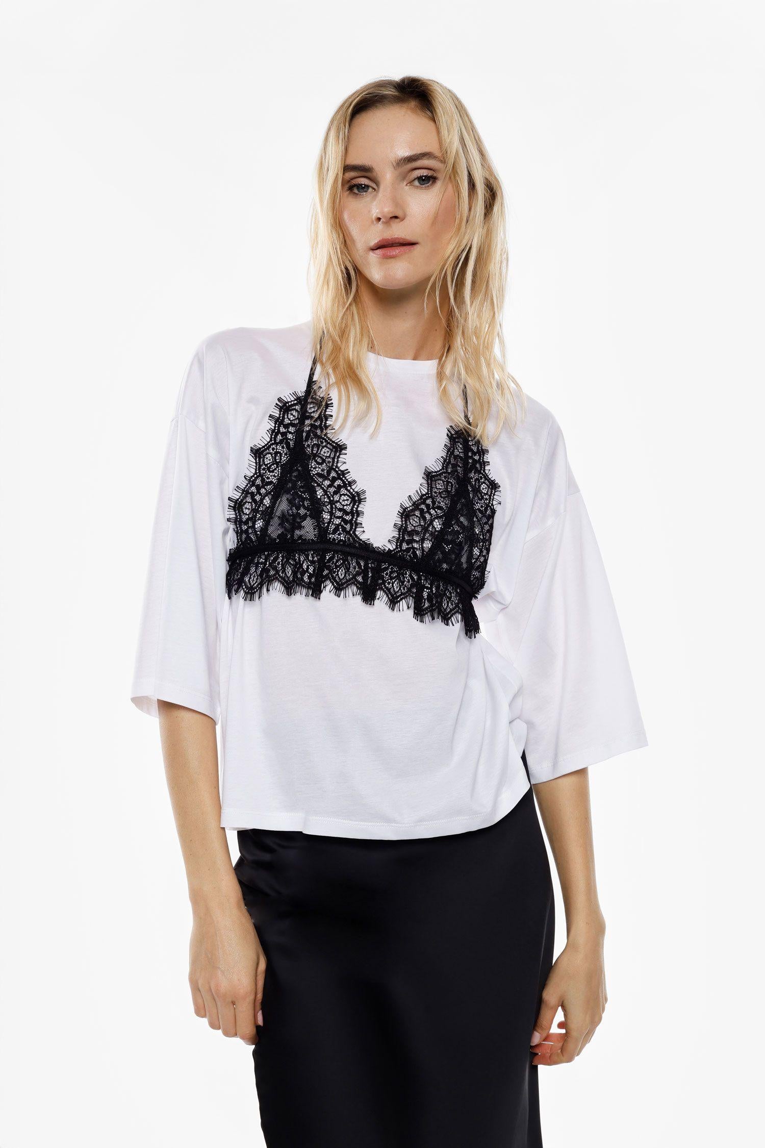 t-shirt donna con top in pizzo bianco imperial TY20KAK BIANCO IMPERIAL