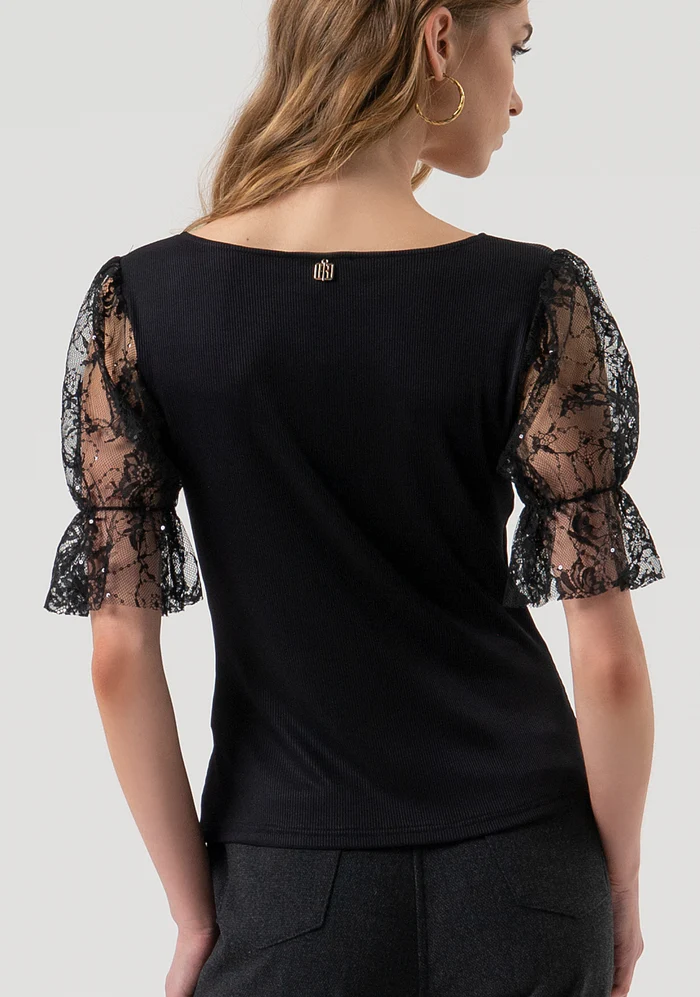 T-SHIRT DONNA A COSTINE CON MANICHE IN PIZZO NERA FRACOMINA FR25WT3031J463G1 BLACK FRACOMINA