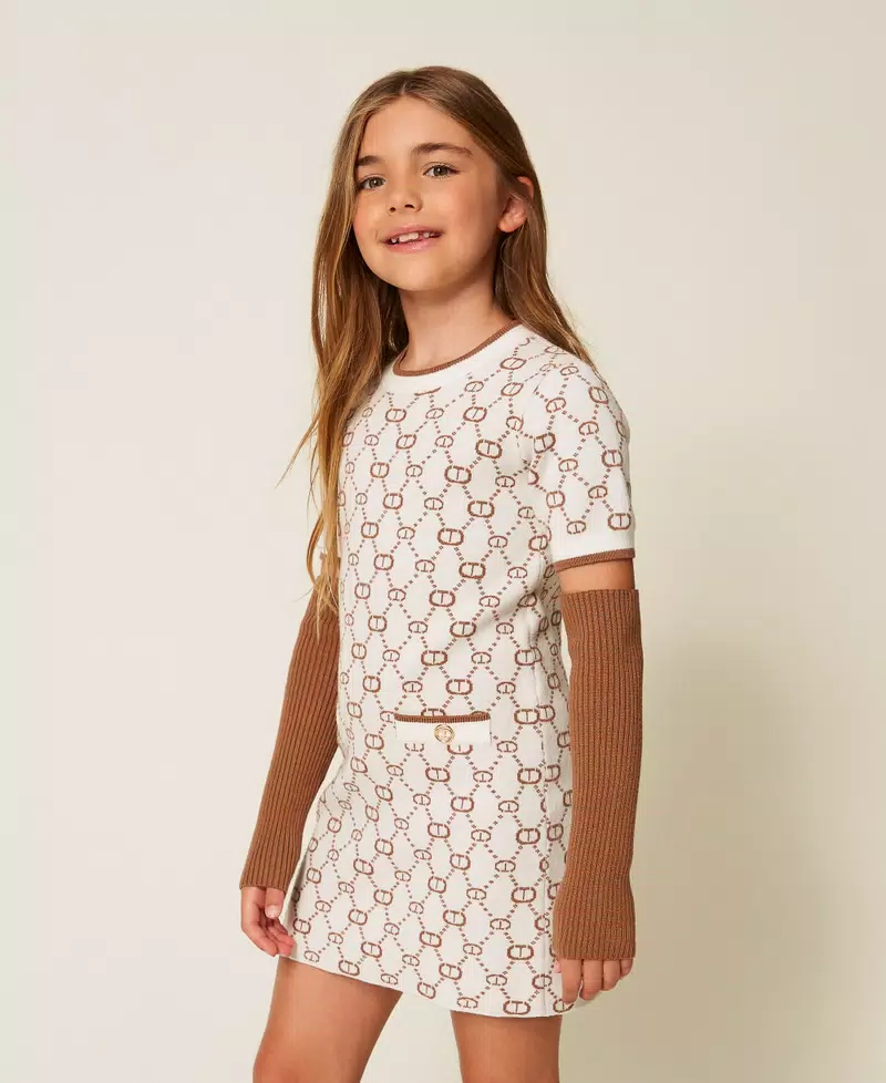 ABITO BAMBINA corto in maglia jacquard con manicotti PAPIRO TWINSET 253GJ3020 PAPIRO LOGO CAMEL TWINSET KIDS