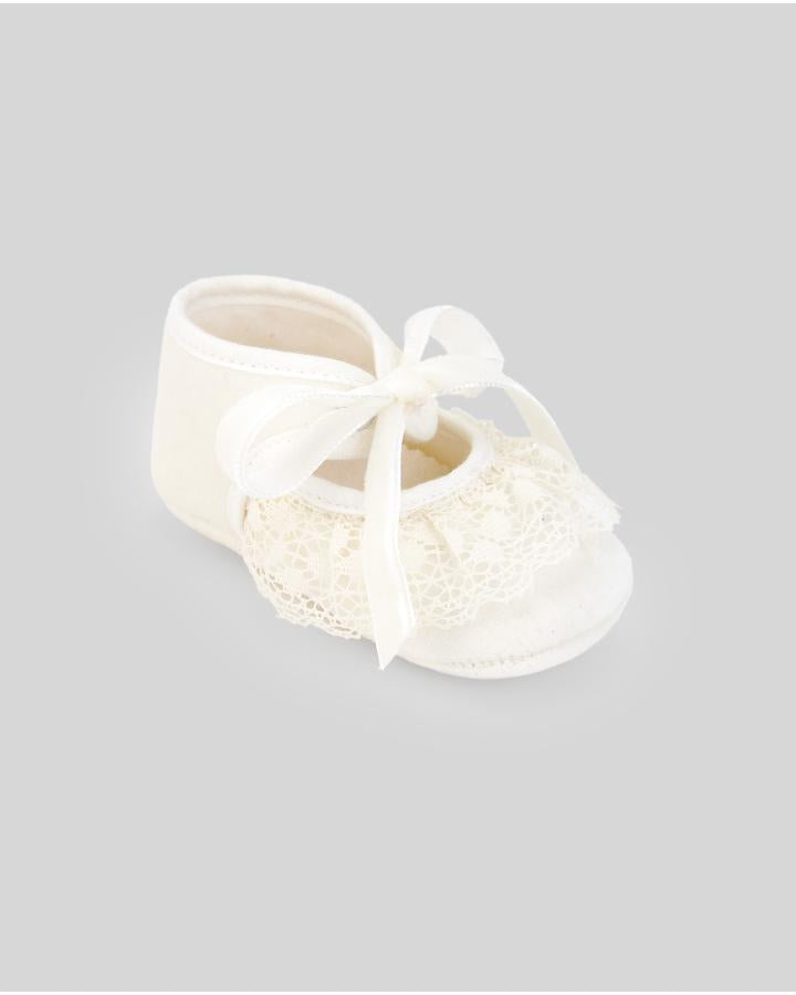 SCARPINA NEONATA IN VELLUTO CON PIZZO PANNA PAZ RODRIGUEZ 035-152847 BEGIE PAZ RODRIGUEZ