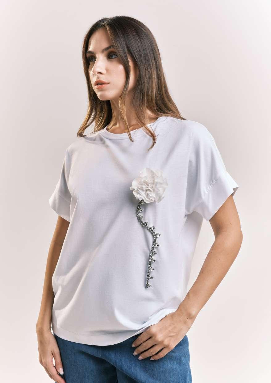 T-SHIRT DONNA MEZZA MANICA CON ROSA E STRASS BIANCA SHIKI SK26104 BIANCO SHIKI