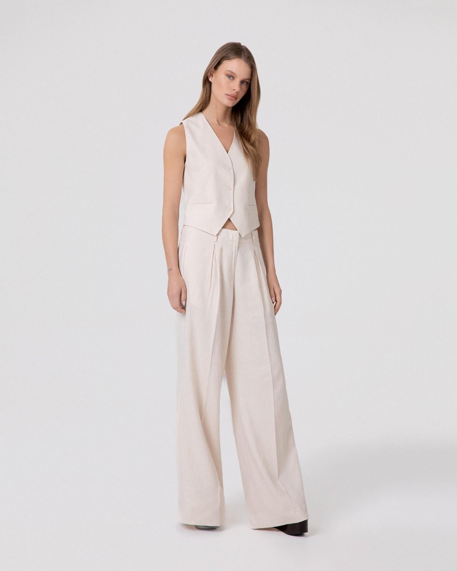 pantalone donna a palazzo con pences in lino beige hinnominate HMABW02640 BEIGE HINNOMINATE