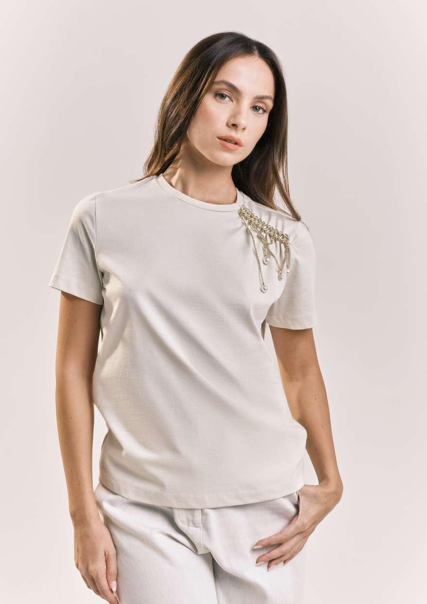 T-SHIRT DONNA MEZZA MANICA CON DETTAGLIO AGGRAPPO MANDORLA SHIKI SK26109 MANDORLA SHIKI
