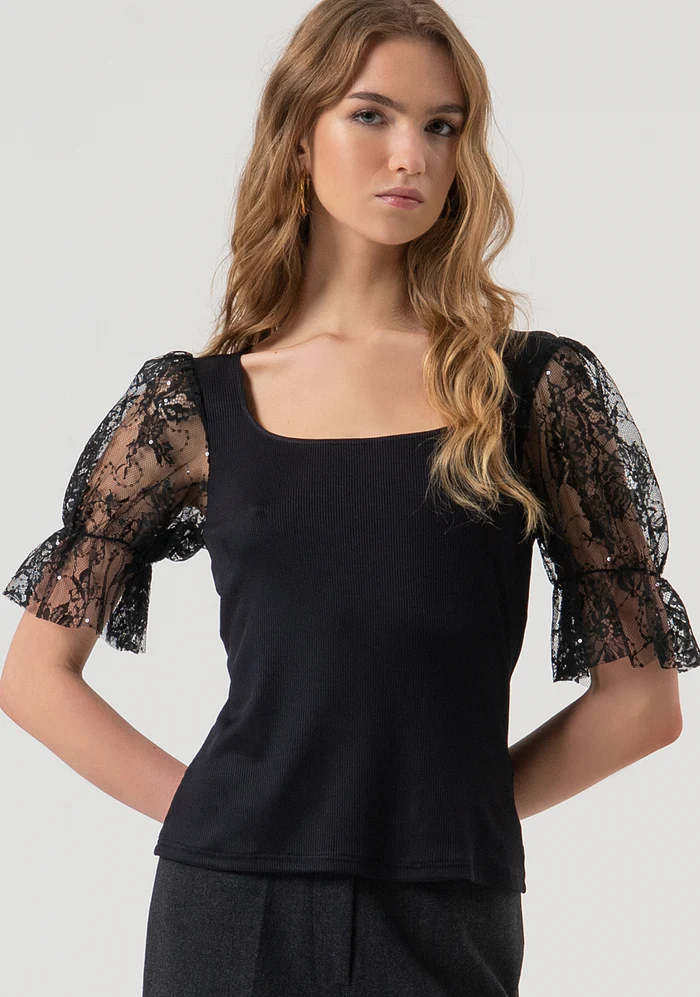 T-SHIRT DONNA A COSTINE CON MANICHE IN PIZZO NERA FRACOMINA FR25WT3031J463G1 BLACK FRACOMINA