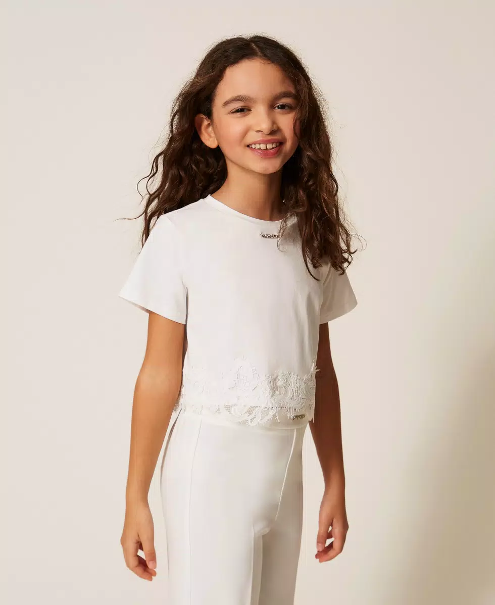 T-SHIRT BAMBINA CON PIZZO E LOGO BIANCO TWINSET 261GJ2090 BIANCO TWINSET KIDS