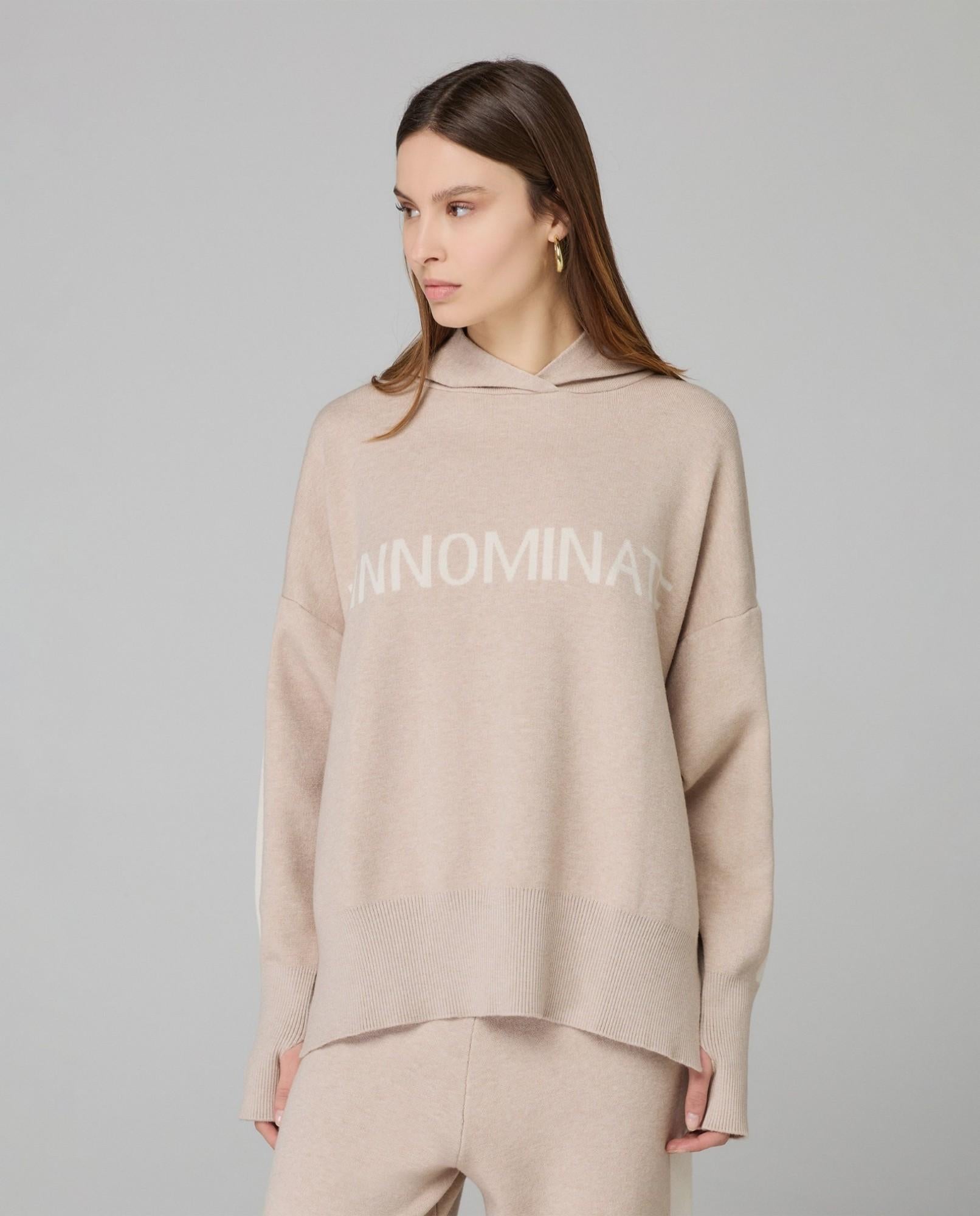 MAGLIA DONNA OVER CON CAPPUCCIO BICOLORE BEIGE SAND HINNOMINATE HMABW02124 BEIGE SAND HINNOMINATE