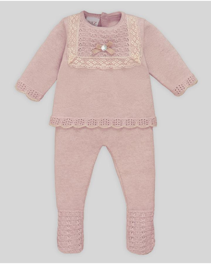 COORDIANTO NEONATA MAGLIA E GHETTINA LUNGA CON PIZZO ROSA PAZ RODRIGUEZ 103-123107 ROSA PAZ RODRIGUEZ