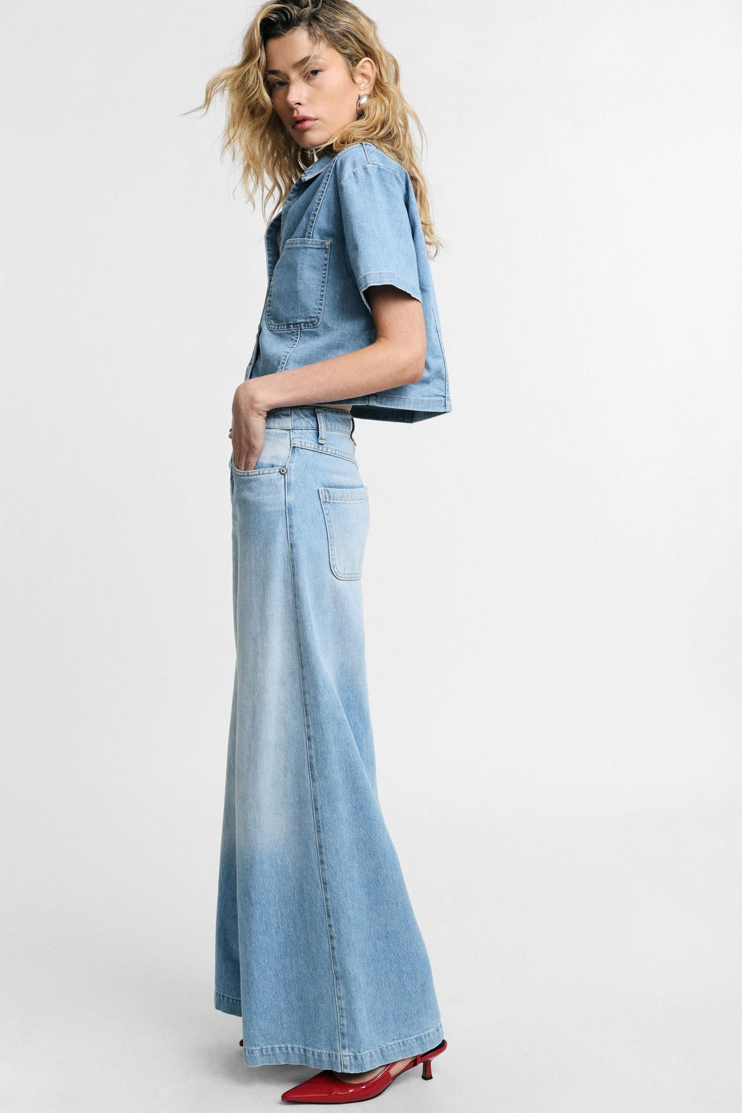 jeans donna a gamba ampia a vita alta denim please P3J9CQZPHN BLU DENIM PLEASE