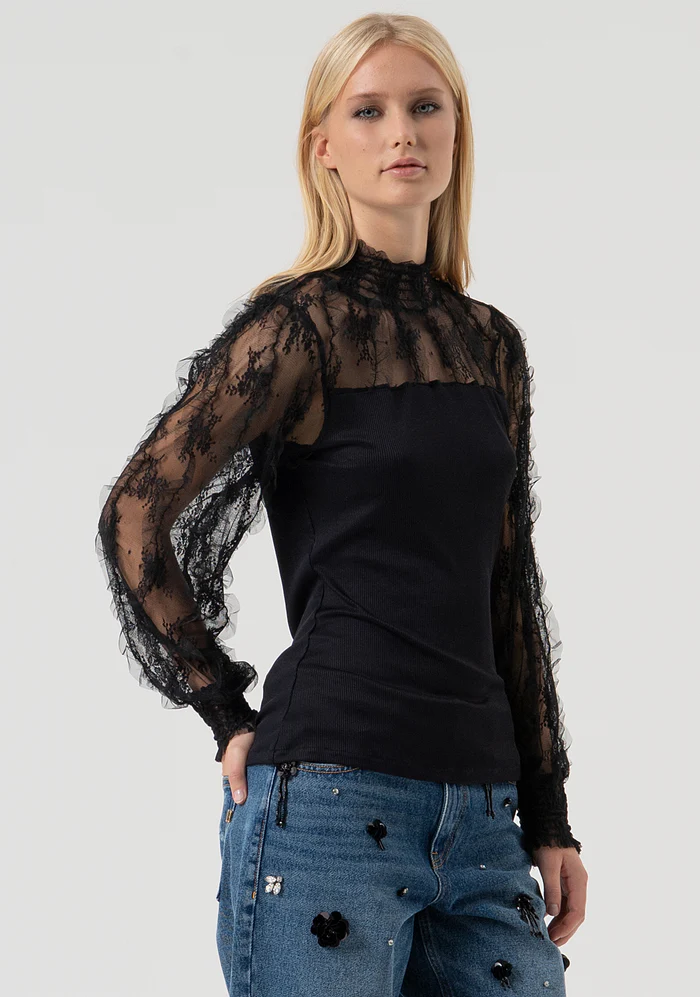 MAGLIA DONNA CON COLLO E MANICHE IN TULLE NERO FRACOMINA FR25WT1001J463G1 BLACK FRACOMINA