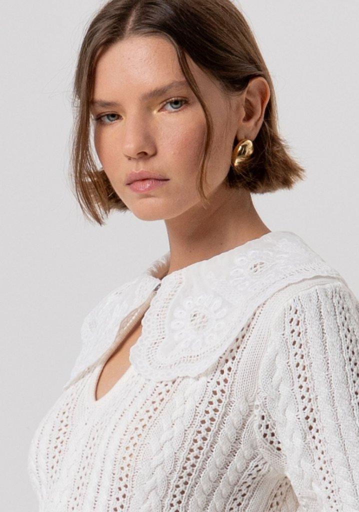 Maglia donna regular in cotone con punto treccia e trafori crema fracomina<BR/> FR26ST7015K48801 CREAM FRACOMINA