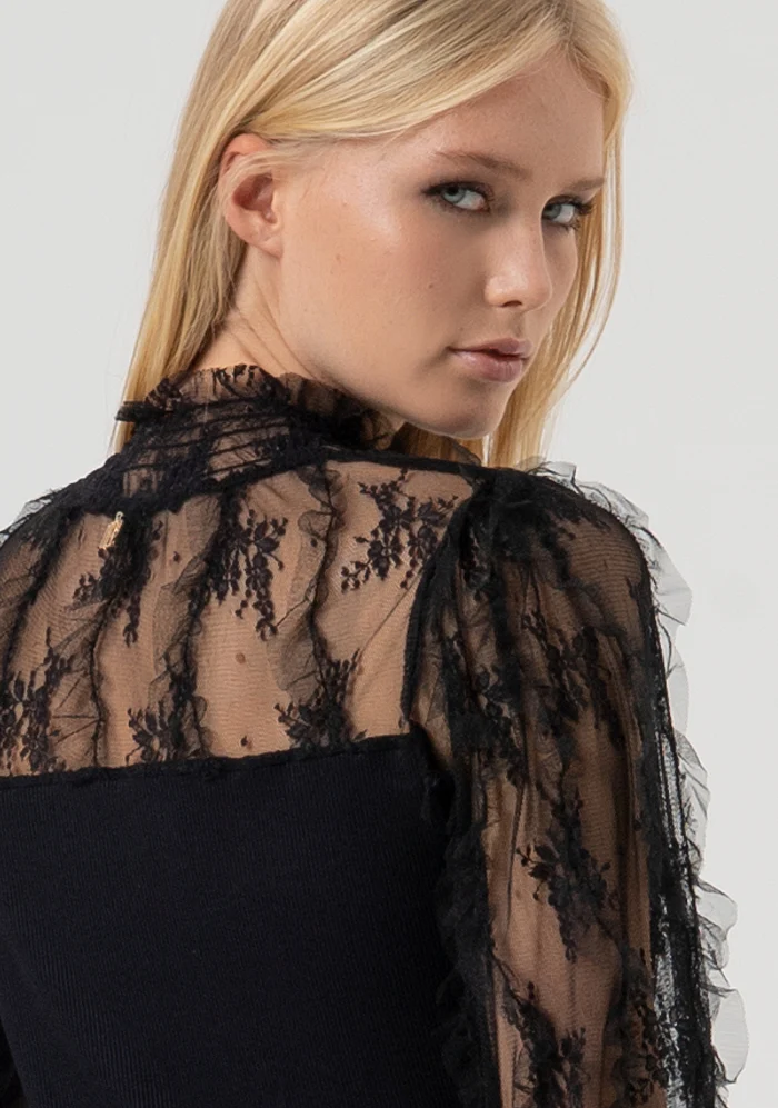 MAGLIA DONNA CON COLLO E MANICHE IN TULLE NERO FRACOMINA FR25WT1001J463G1 BLACK FRACOMINA