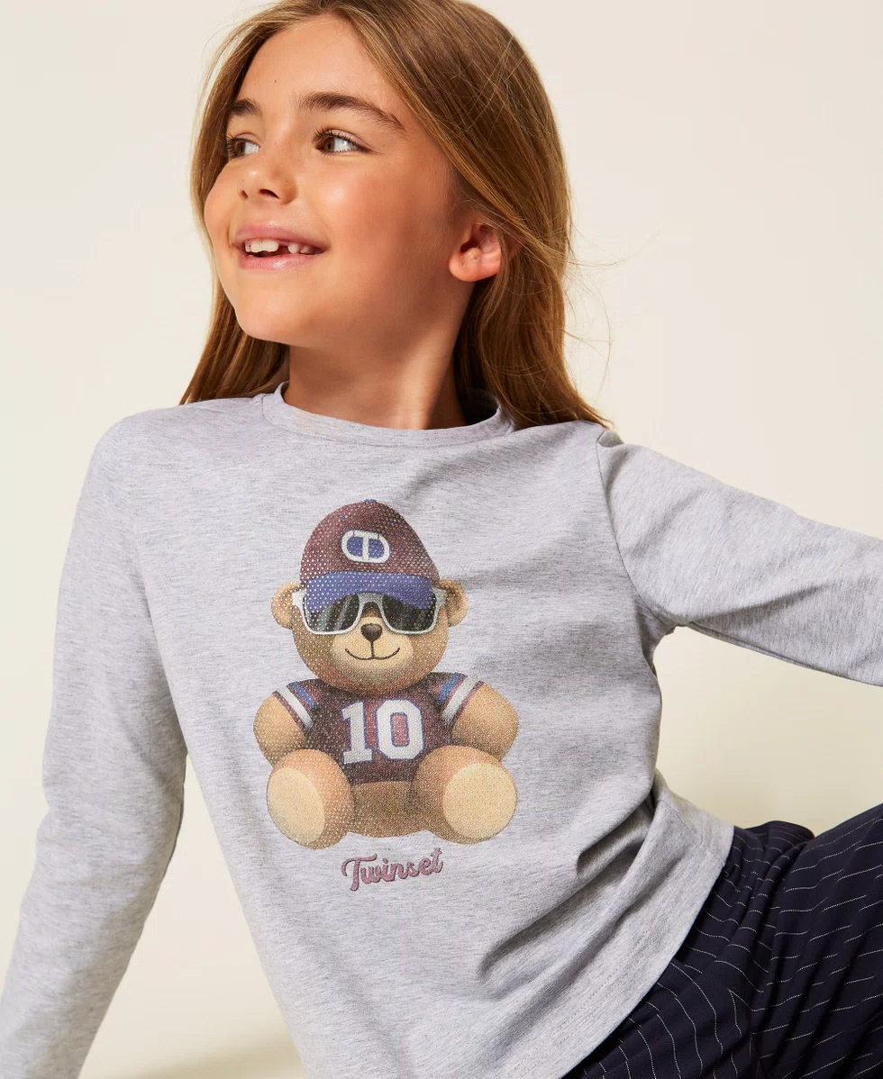 T-SHIRT BAMBINA CON STAMPA ORSO CON STRASS GRIGIA TWINSET 252GJ2321 GRIGIO MELANGE CHIARO TWINSET KIDS