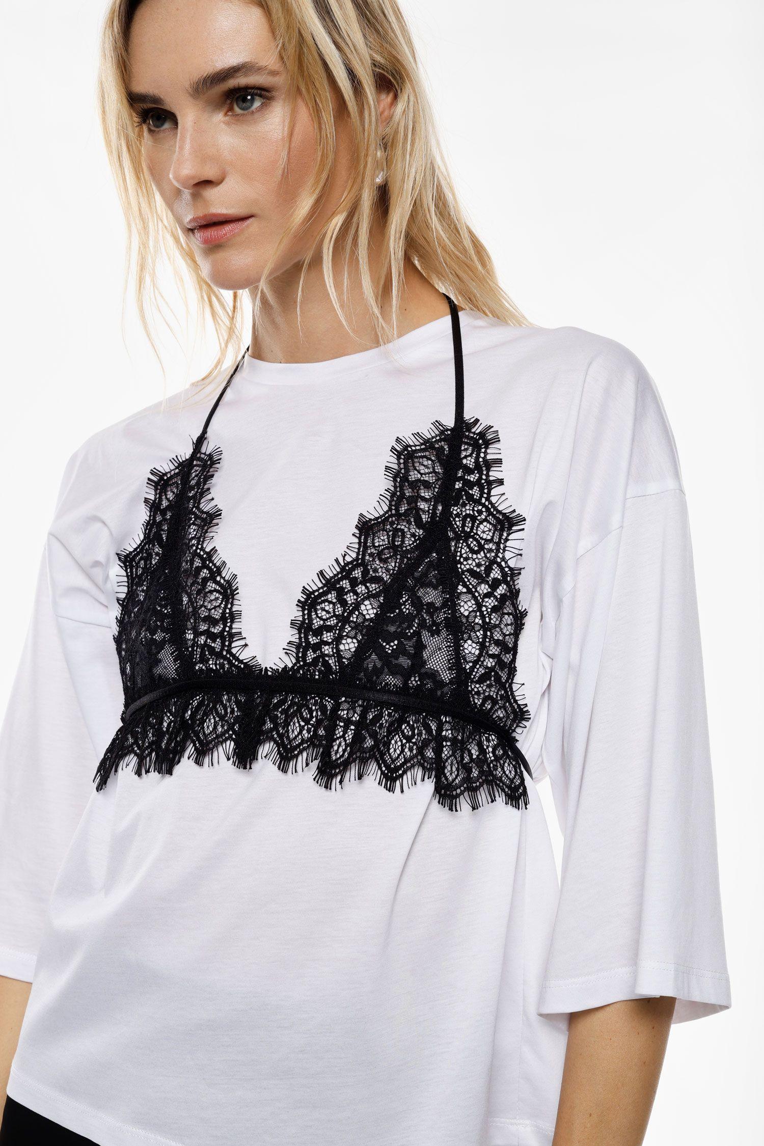 t-shirt donna con top in pizzo bianco imperial TY20KAK BIANCO IMPERIAL