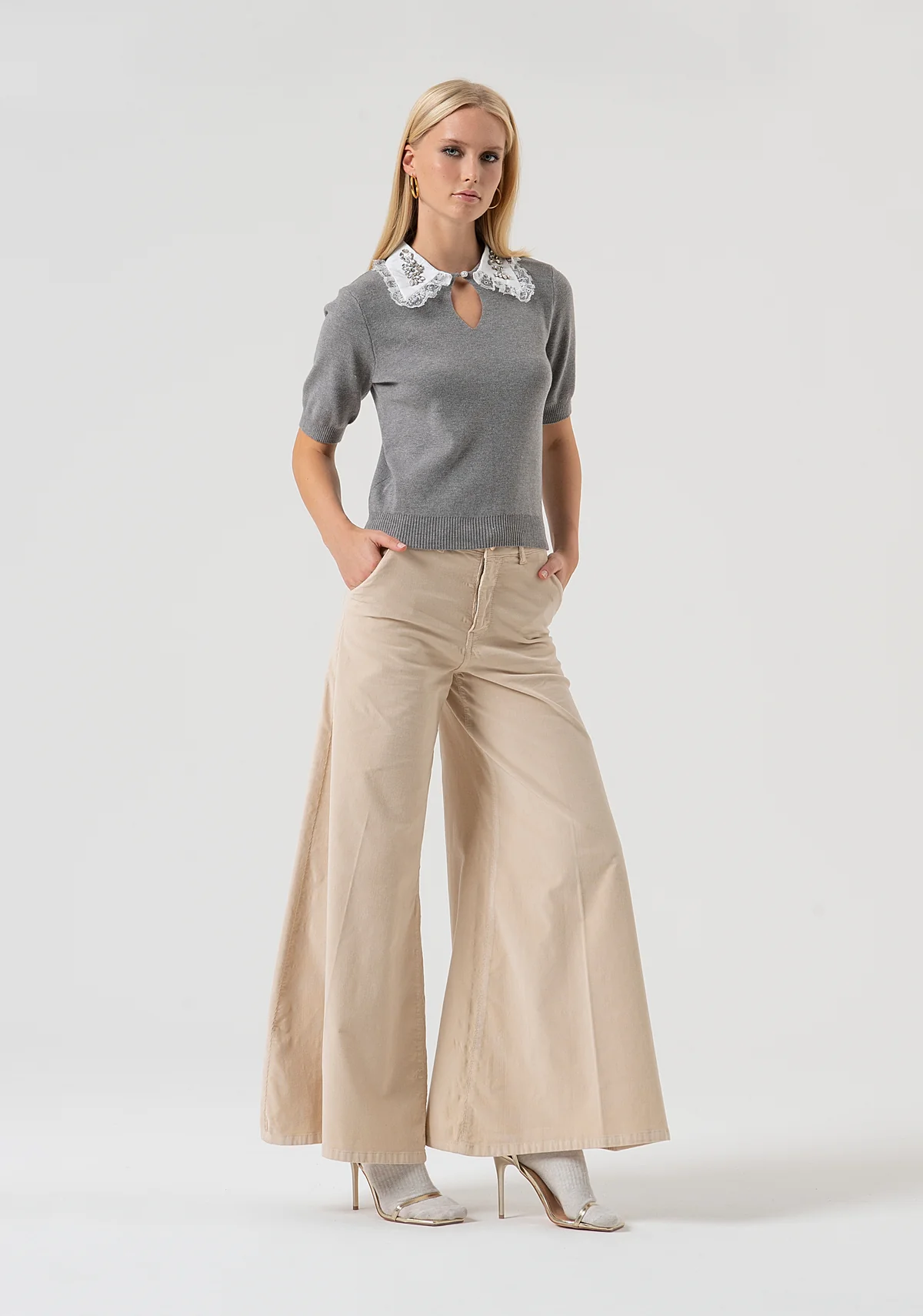 MAGLIA DONNA MEZZA MANICA CON COLLETTO GRIGIA FRACOMINA FR25WT7006K50401 GREY MELANGE FRACOMINA