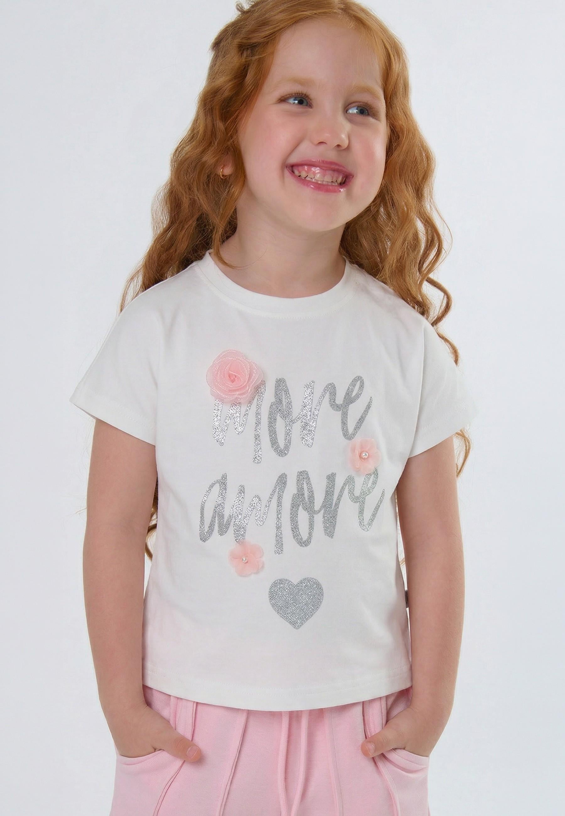 t-shirt BAMBINA CON SCRITTA E FIORI APPLICATI BIANCO TO BE TOO TB1597T LATTE TO BE TOO