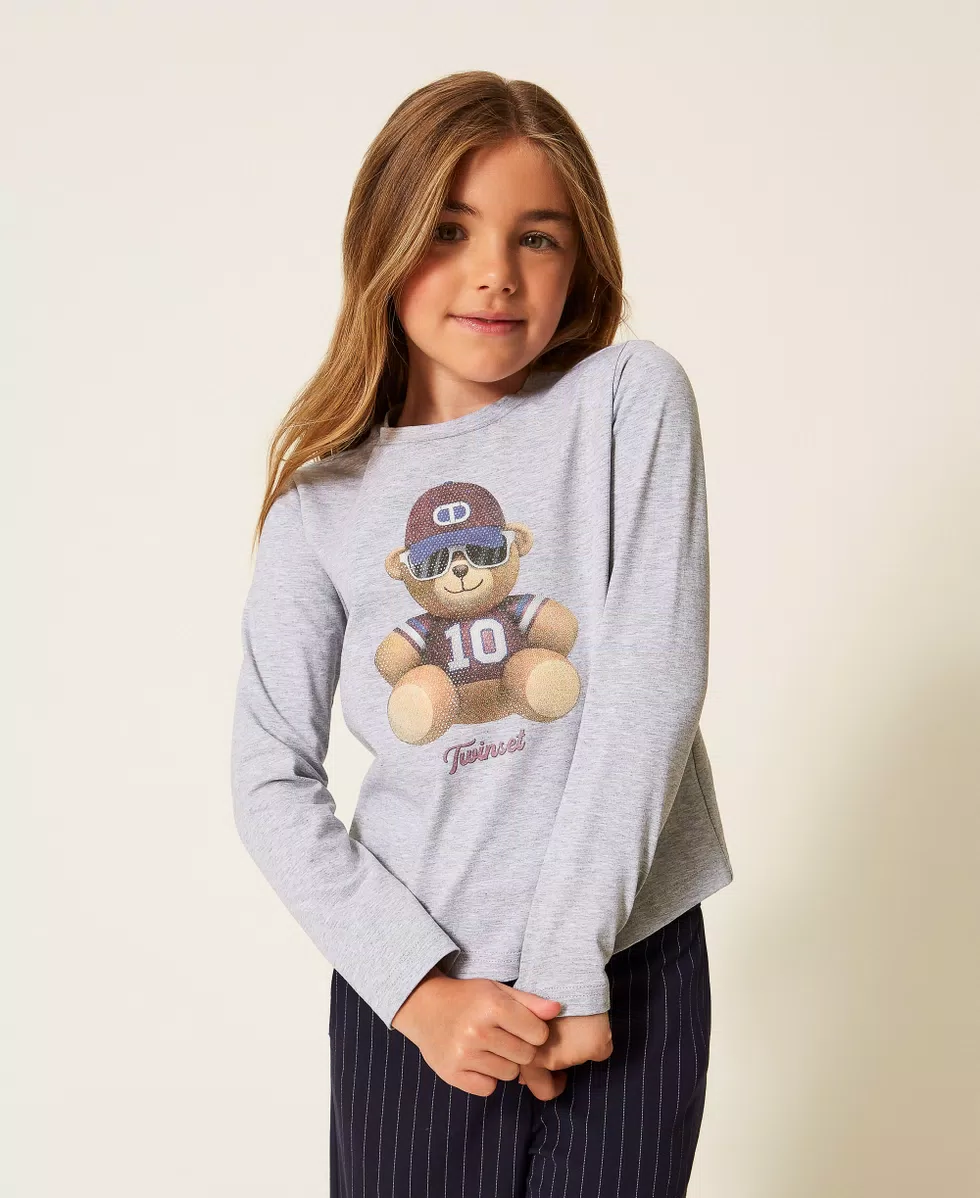 T-SHIRT BAMBINA CON STAMPA ORSO CON STRASS GRIGIA TWINSET 252GJ2321 GRIGIO MELANGE CHIARO TWINSET KIDS
