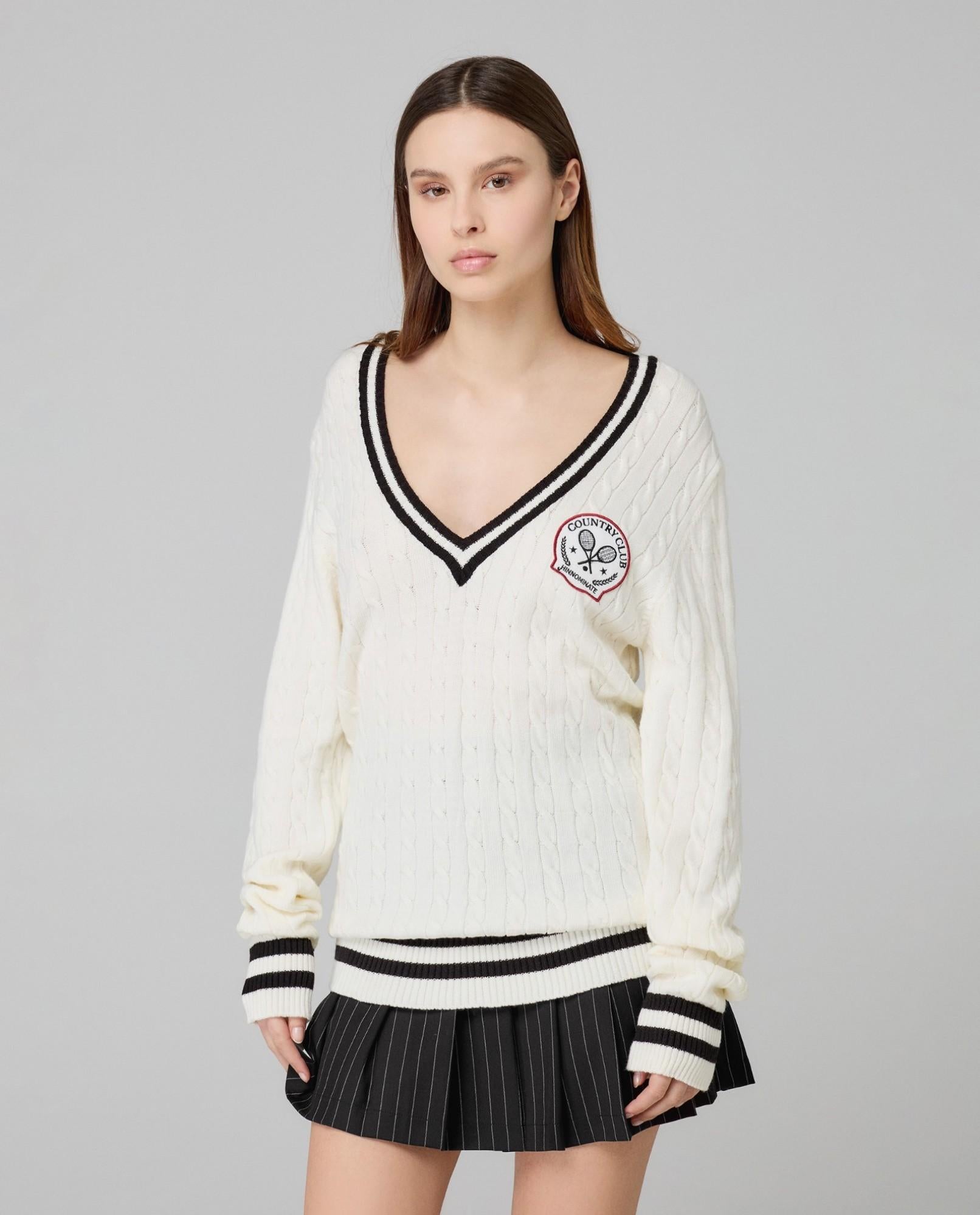 PULL DONNA SCOLLO A V CON MOTIVO TRECCE PANNA HINNOMINATE HMABW02107 BIANCO BURRO HINNOMINATE