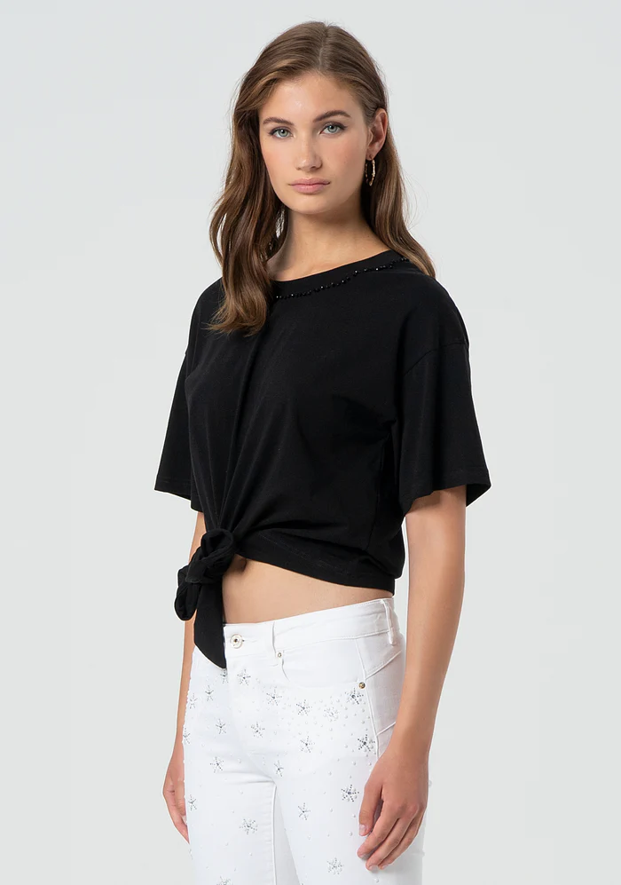 T-shirt regular in jersey con nodo sul fondo<BR/> FR25ST3039J401R9 BLACK FRACOMINA