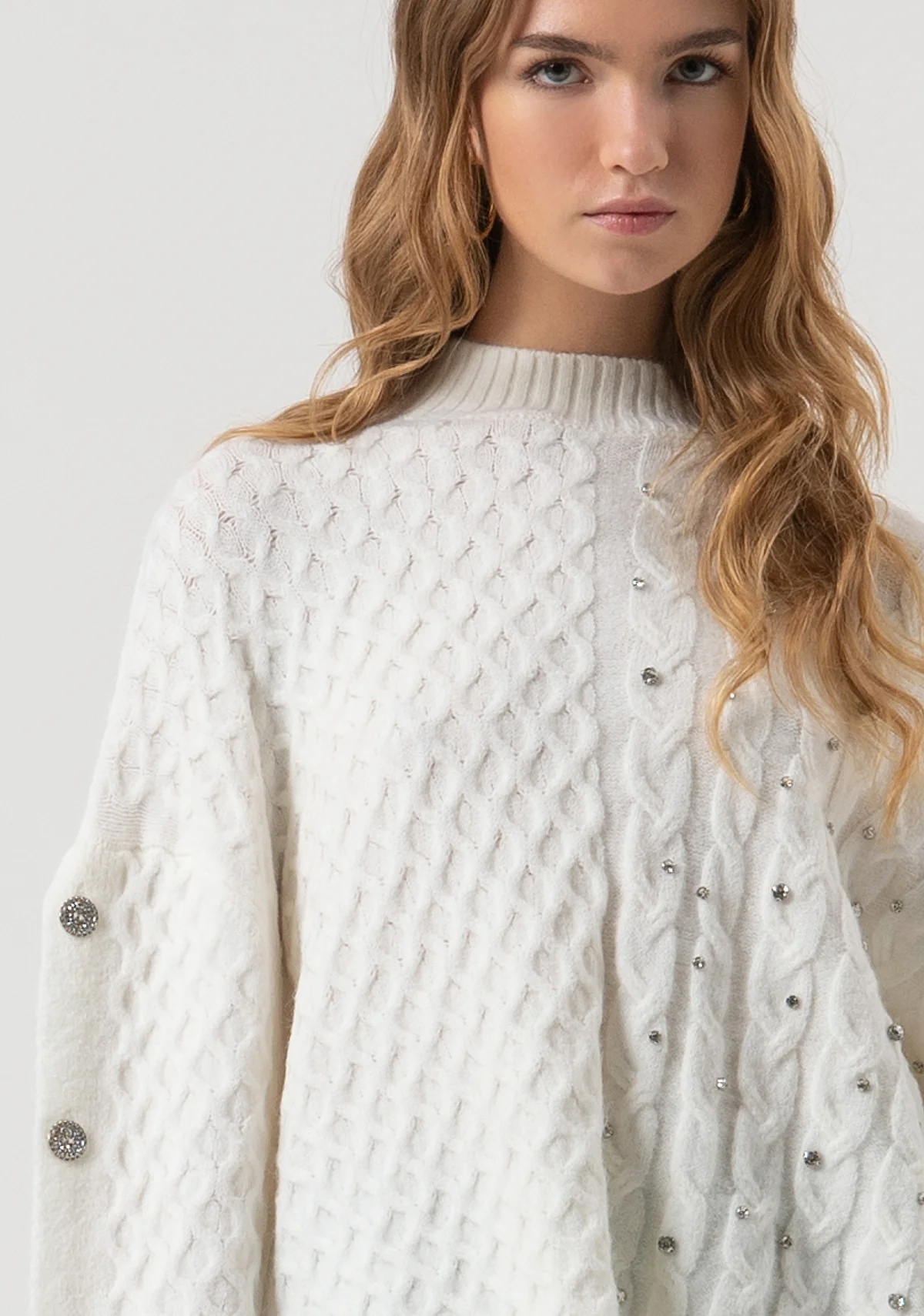 MAGLIA DONNA OVERSIZE CON STRASS APPLICATI CREAM FRACOMINA FR25WT7037K47101 CREAM FRACOMINA