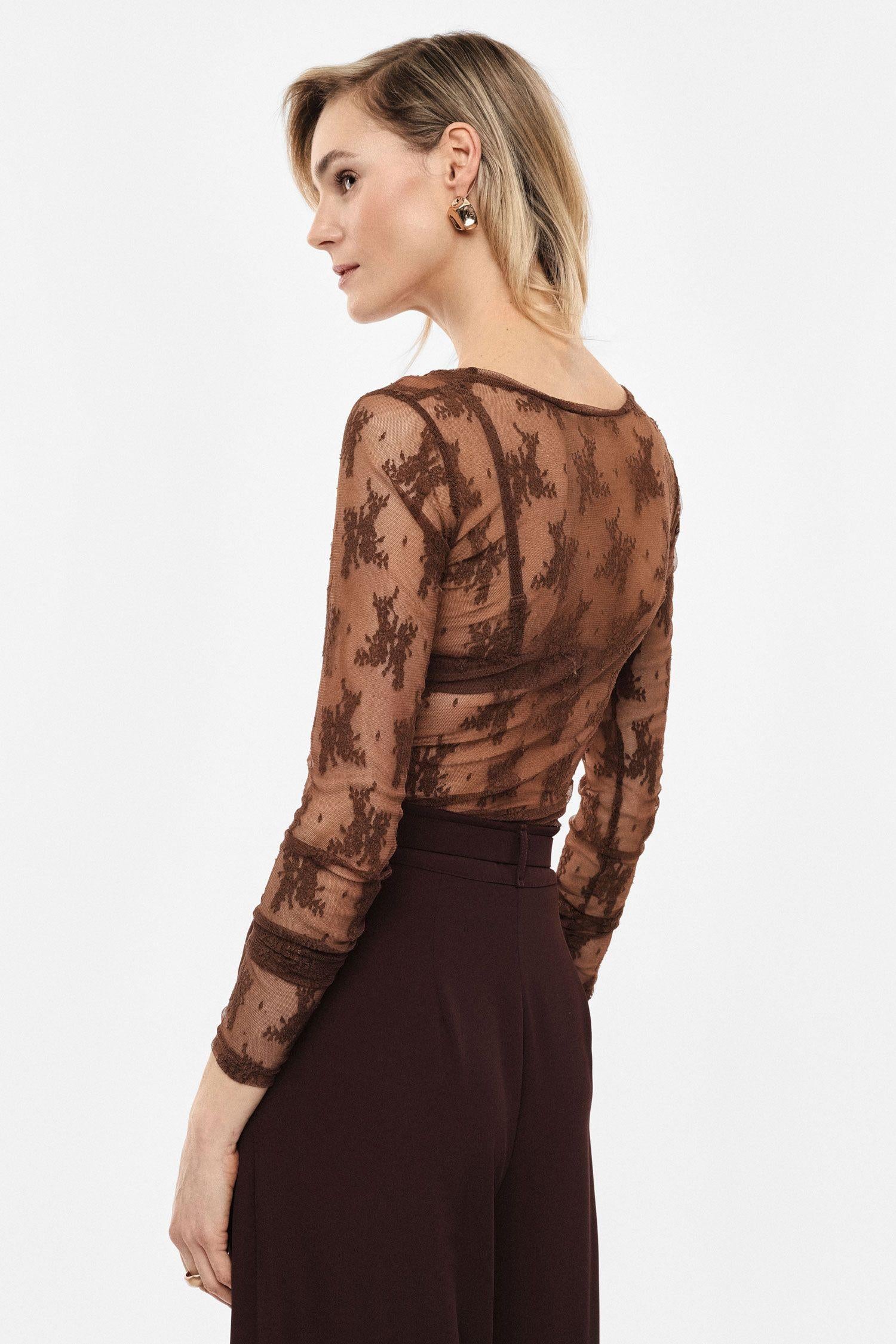 MAGLIA DONNA MANICA LUNGA TRSPRENTE IN PIZZO CACAO IMPERIAL TW91LMX CACAO IMPERIAL
