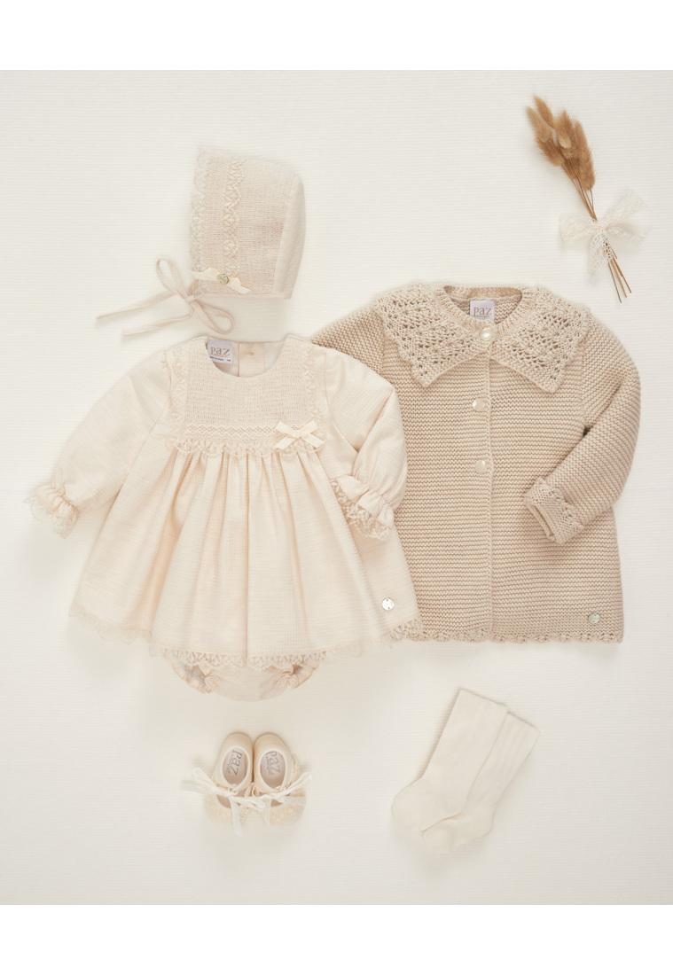 ABITO NEONATA CON PUNTO SMOKE E PIZZO BEIGE PAZ RODRIGUEZ 104-159106 BEIGE PAZ RODRIGUEZ