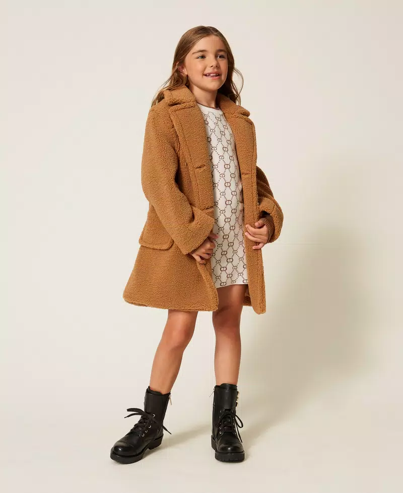 ABITO BAMBINA corto in maglia jacquard con manicotti PAPIRO TWINSET 253GJ3020 PAPIRO LOGO CAMEL TWINSET KIDS