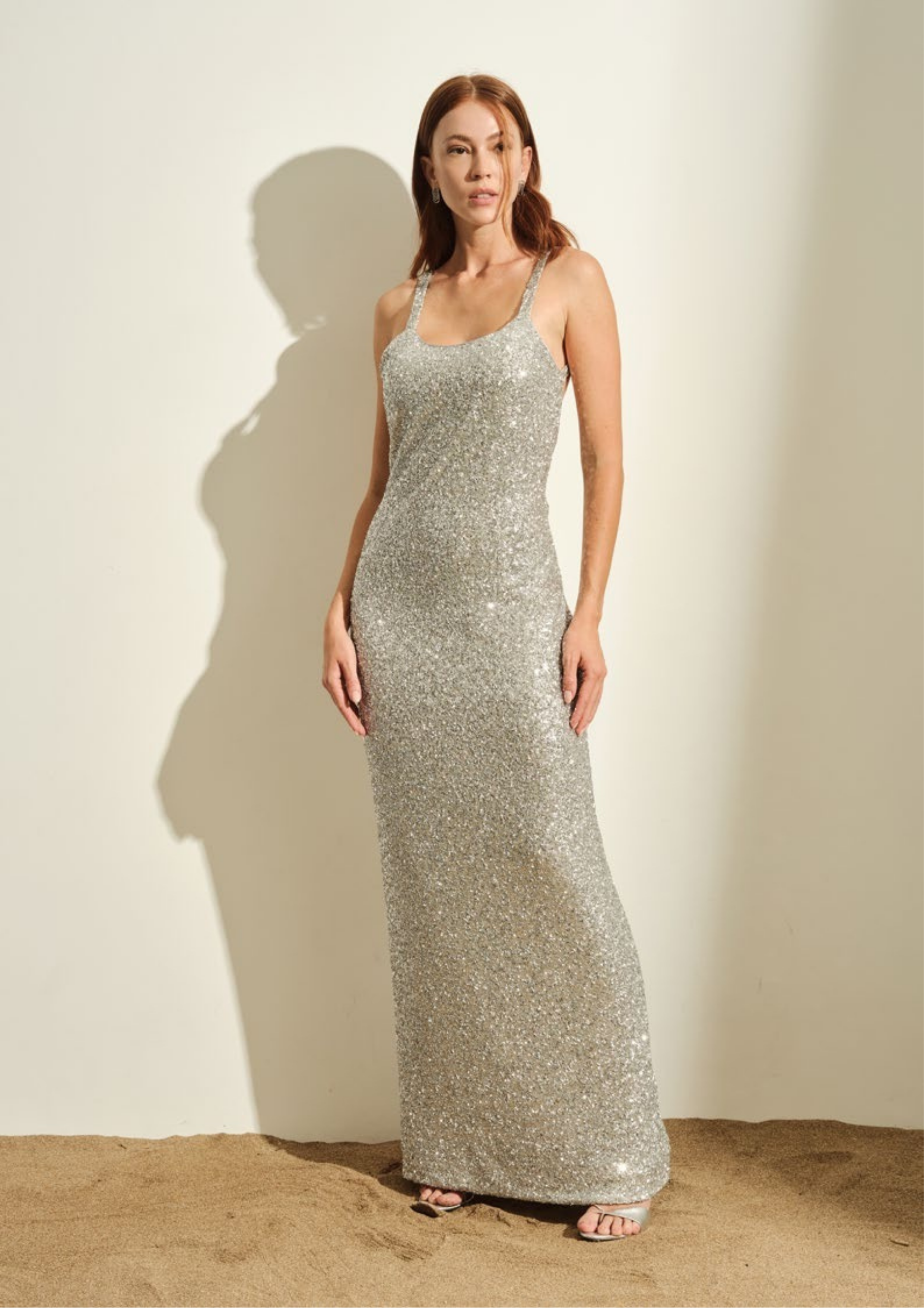 ABITO DONNA LUNGO IN PAILETTES CON BRETELLINE ARGENTO JIJIL AB232 ARGENTO JIJIL