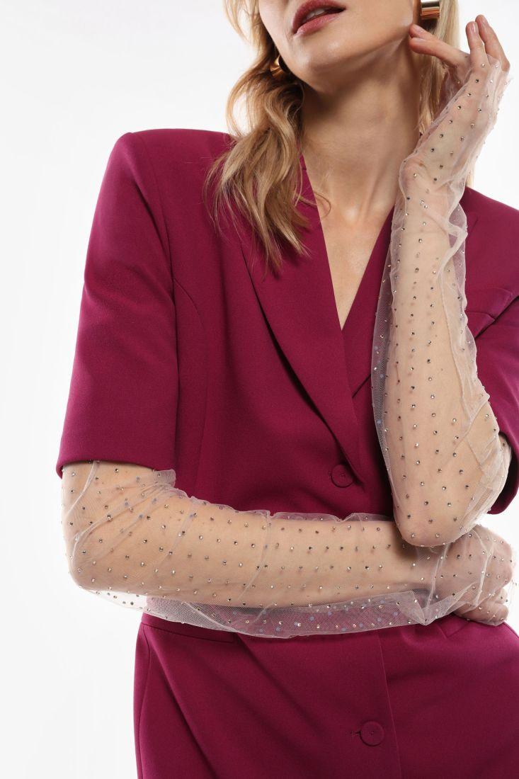 Vestito corto abbottonato con revers e guanti in tulle