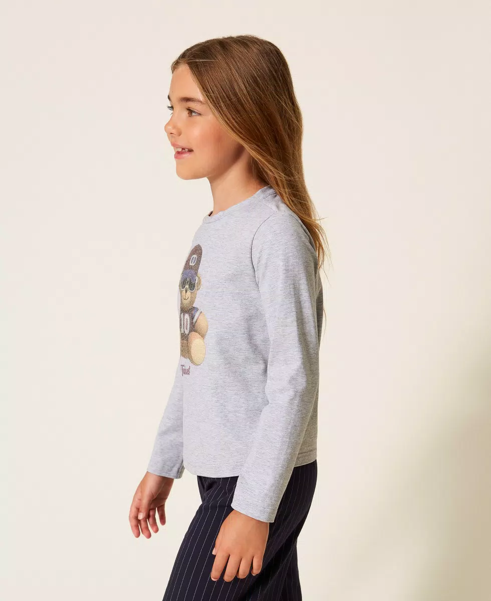 T-SHIRT BAMBINA CON STAMPA ORSO CON STRASS GRIGIA TWINSET 252GJ2321 GRIGIO MELANGE CHIARO TWINSET KIDS