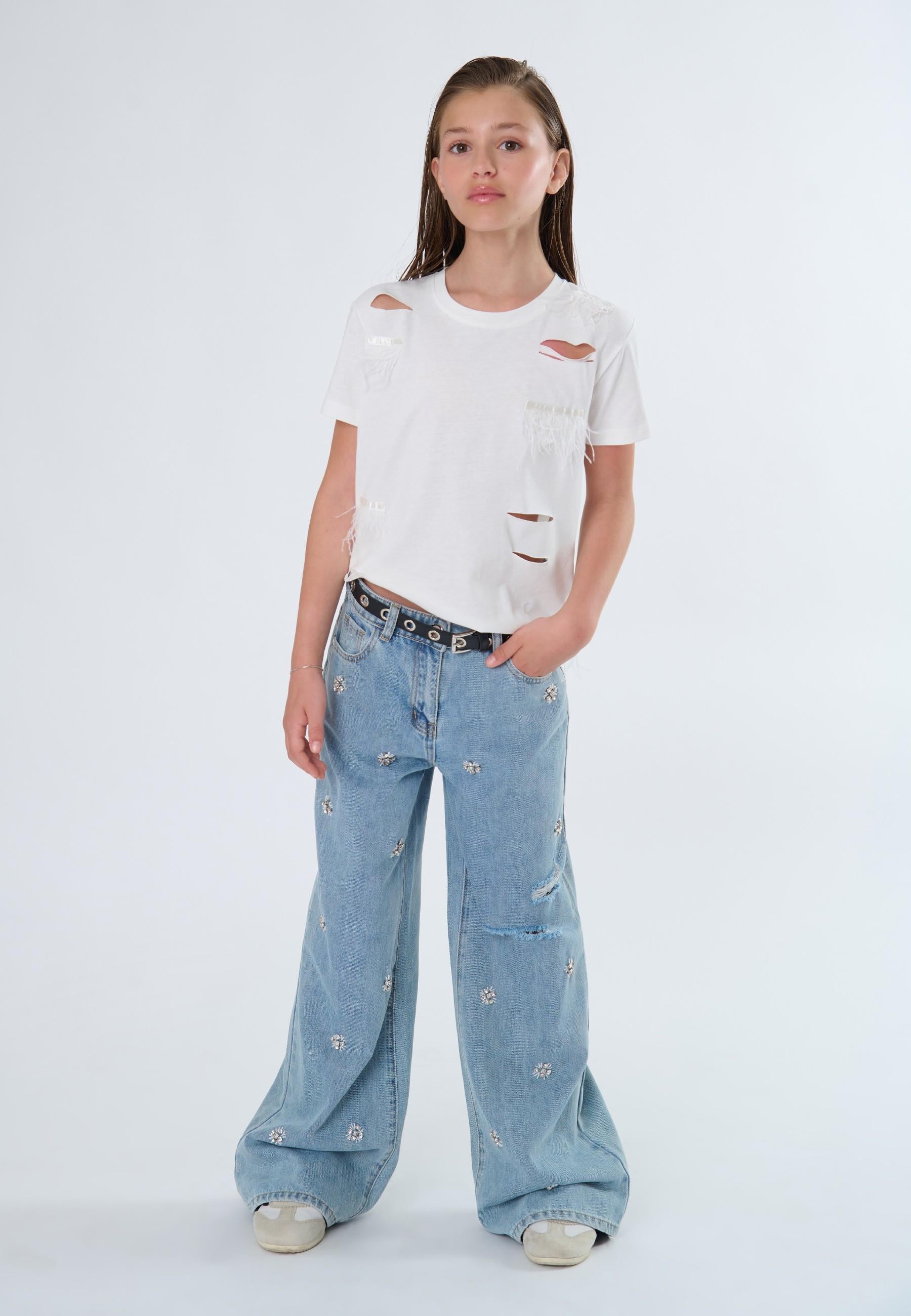 JEANS bambina a gamba large in denim con applicazione to be too T1442P JEANS TO BE TOO