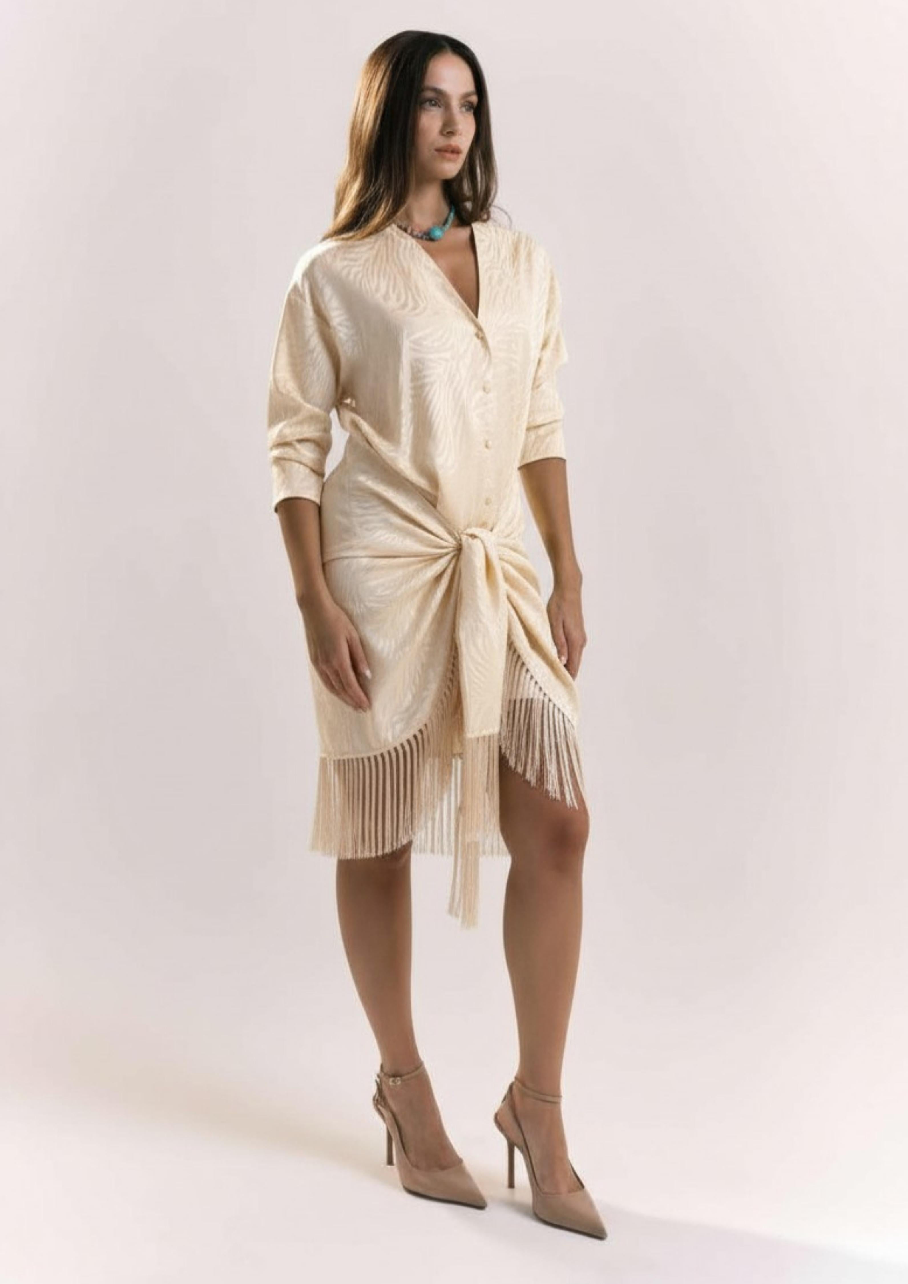 ABITO DONNA MIDI CON NODO E FRANGE PANNA SHIKI SK26089 PANNA SHIKI