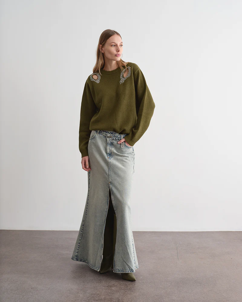 MAGLIA DONNA IN LANA STRASS BUCHI VERDE JIJIL MK029 VERDE JIJIL